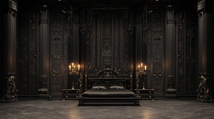 Eerie Elegance: 3D Render of Gothic-Style Bedroom with Dark Wood Furniture and Dim Candlelight, Ultra-Detailed and Cinematic Light