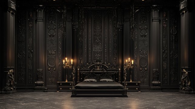 Eerie Elegance: 3D Render of Gothic-Style Bedroom with Dark Wood Furniture and Dim Candlelight, Ultra-Detailed and Cinematic Light