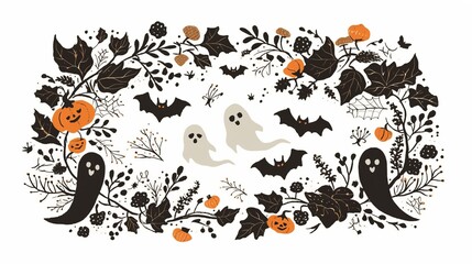 Fototapeta premium A decorative Halloween-themed illustration featuring ghosts, bats, pumpkins, and foliage.