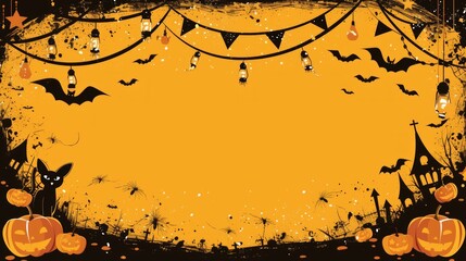 A Halloween-themed graphic featuring bats, pumpkins, and spooky decorations on an orange background.