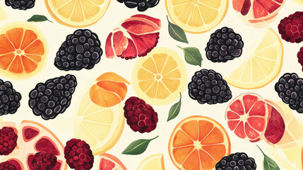 Seamless pattern of berries and citrus. Slices of lemon, orange, lime, blueberries, cranberries, lingonberries, cherries and strawberries