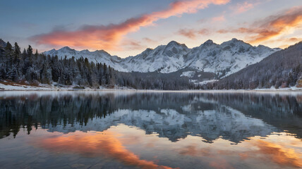 Snowy mountains, cold weather, lakeside