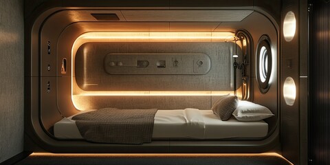 Fototapeta premium luxury deluxe brown and grey capsule hotel room with elegant wall and complete facilities 