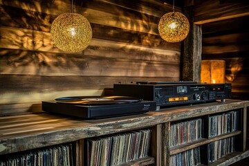 Obraz premium A collection of vinyl records displayed on a stylish shelf.