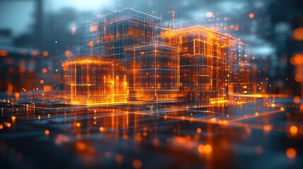 A digital representation of a futuristic cityscape with glowing structures and data elements.