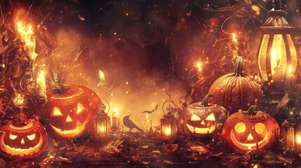 Naklejka premium A spooky Halloween scene with carved pumpkins, lanterns, and autumn leaves.