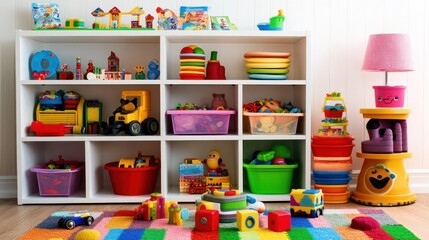 White Bookshelf Filled with Colorful Toys in a Playroom