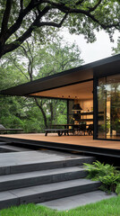 Modern house exterior surrounded by nature, showcasing large glass windows and sleek design. Perfect for contemporary architecture themes.