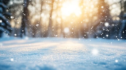 Naklejka premium Snowy landscape with sunlight filtering through trees, winter serenity and nature concept