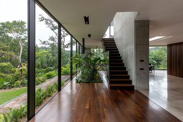Modern interior of a stylish home featuring large windows, wooden stairs, and greenery for a serene atmosphere.