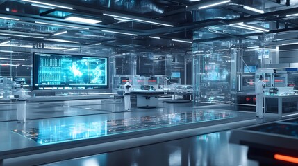 Futuristic Laboratory with Digital Interfaces and Scientists