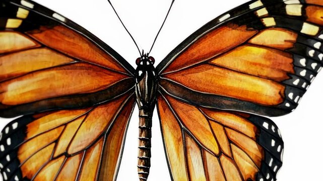 A detailed watercolor painting of a monarch butterfly with its wings spread