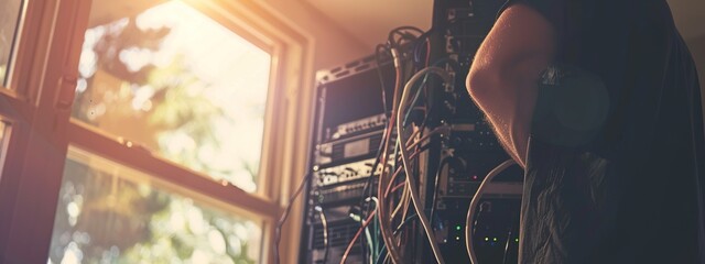 A dedicated technician in a modern office setting maintaining a network server, surrounded by cables and routers in the background. administrator, IT maintenance,professional,cloud server,serious
