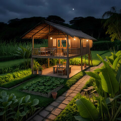 A quaint wooden hut with a thatched roof sits on stilts overlooking a lush green field, where rows of young plants are tended to by an unseen gardener. 