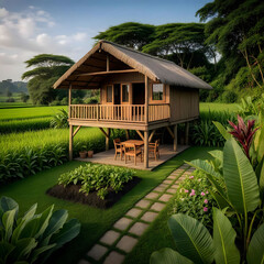 A quaint wooden hut with a thatched roof sits on stilts overlooking a lush green field, where rows of young plants are tended to by an unseen gardener. 