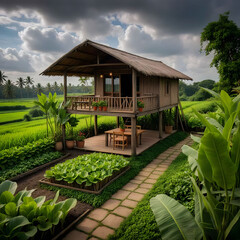 A quaint wooden hut with a thatched roof sits on stilts overlooking a lush green field, where rows of young plants are tended to by an unseen gardener. 