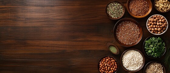 An assortment of various grains, seeds, and herbs in wooden bowls arranged beautifully over a rustic wooden surface, showcasing natural textures and colors.