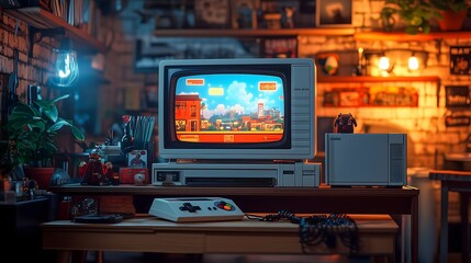 retro TV with a retro game on the screen, next to it a retro game console
