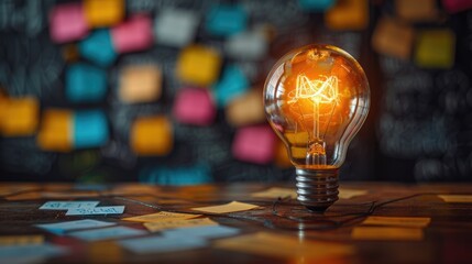 creative ideas concept picture of glowing light bulb with sticky note from workshop colleague on brainstorming board at office workspace.	
