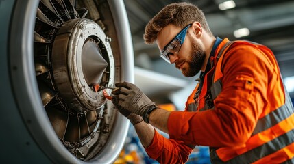 A close-up of an aircraft mechanic inspecting a jet engine, emphasizing safety protocols and attention to detail in aviation maintenance