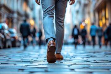 A business professional walking confidently through a busy urban street