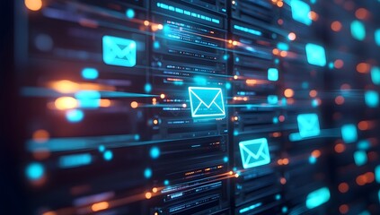 A close-up of an email system server with glowing icons representing different team members, all connected by blue lines to symbolize the network and data flow between them. 