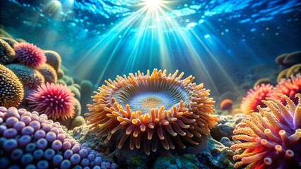 A symphony of colors and textures in the underwater world, as sunlight illuminates a vibrant coral reef, showcasing the delicate beauty of marine life.