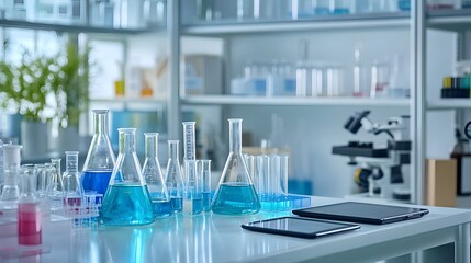 Laboratory Table with Blue Chemical Solutions and Tablets