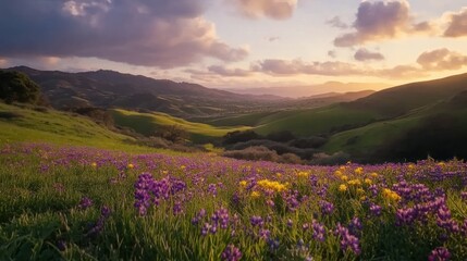 A field of purple wildflowers in full bloom stretches out before a mountain range at sunset.