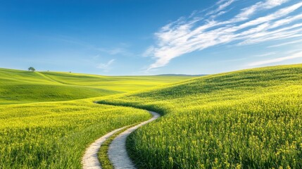 Obraz premium A winding dirt road meanders through a vast field of vibrant green and yellow wildflowers, with a clear blue sky and fluffy white clouds overhead.