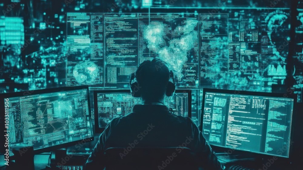Poster Hacker Silhouetted Against Multiple Screens Displaying Code and Data