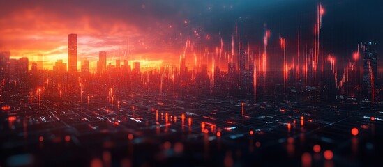 Fototapeta premium Futuristic cityscape silhouette at sunset with glowing red lines.