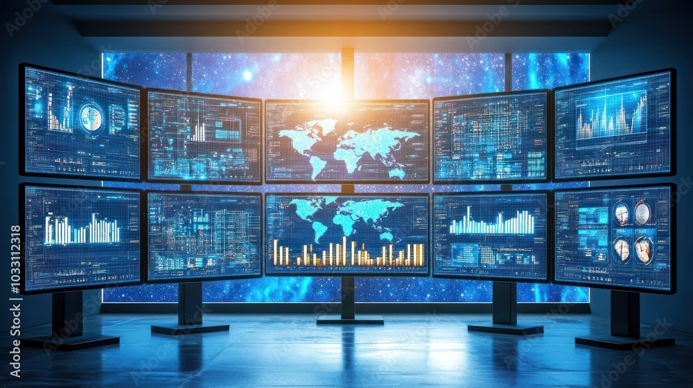 Poster Multiple Computer Monitors Displaying Data and World Maps in a Dark Room with a Window Showing a Starry Night Sky
