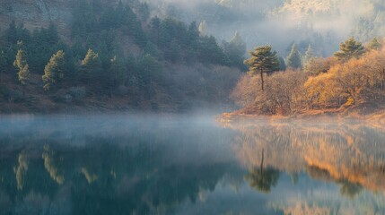 Fototapeta premium A serene lake with a misty morning fog reflecting the colors of autumn leaves.