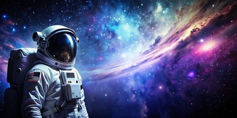 A lone astronaut stands in the vastness of space, a cosmic dance of starlight and nebulous swirls unfolding behind him.