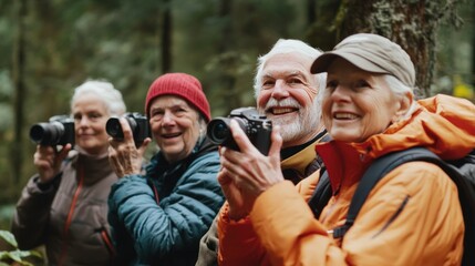 A group of elderly friends taking photos on a hiking trip, capturing memories and adventures as they enjoy life to the fullest