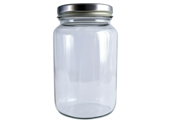 An empty glass jar with a silver lid, perfect for storage or decoration in kitchens or craft spaces.