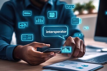 Businessman Analyzing Data with Advanced Interfaces,a professional using a mobile phone while interacting with futuristic, floating digital interfaces