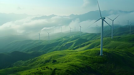 Wind turbines scattered across lush, rolling green hills, surrounded by fog and mist, symbolizing renewable energy and sustainability.