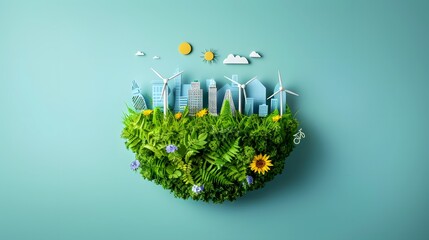 A miniature city model showcasing green energy with wind turbines and abundant vegetation, representing eco-friendly urban design and renewable energy solutions.
