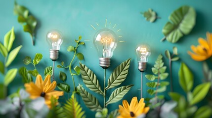 Artistic arrangement of glowing lightbulbs amidst lush green plants and flowers, symbolizing sustainable energy, nature, and innovation.