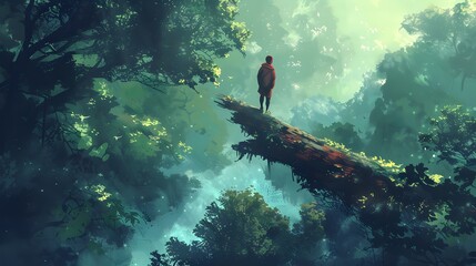 A lone person stands on a fallen log, overlooking a vast, misty forest with sunlight filtering through dense green foliage.