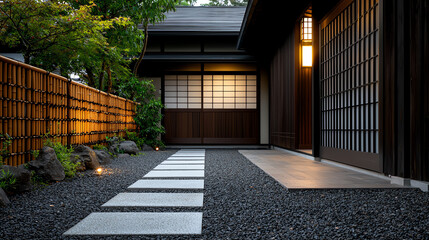 Modern Japanese house entrance at dusk