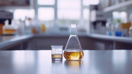 Laboratory Glassware with Yellow Liquid on a White Table