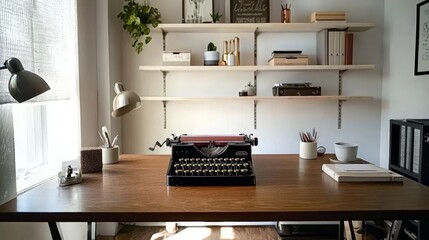A vintage typewriter sits on a wooden desk in a home office, with a window, shelves, and plants in the background.