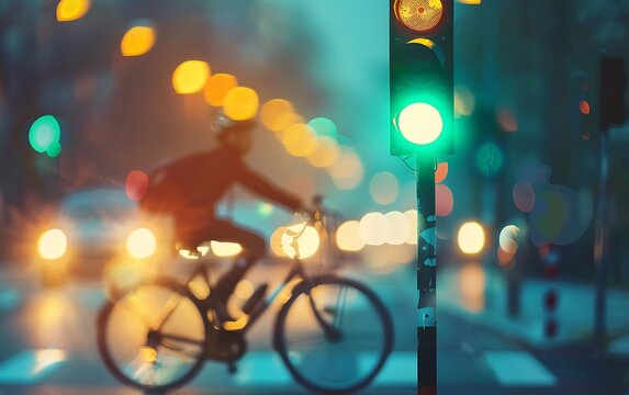 Traffic light with bicycle on the road in the city at sunset