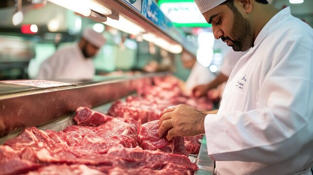 A market vendor offering fresh halal beef cuts, with a butcher carefully cutting and packaging the meat for customers, perfect for grocery stock photos