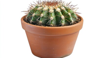 A small potted cactus with sharp spines and a round, green body.