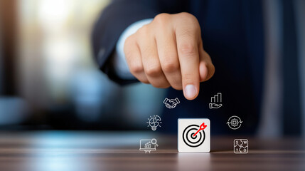 Business strategy and marketing target concepts. Holding a target icon and other business icons. Goal objective strategy plan action, Target success, Achievement company
