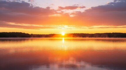 Obraz premium A vibrant sunrise over a calm lake with fog and a reflection of the sun.